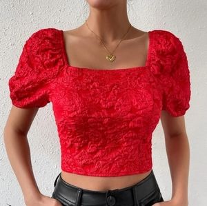 Red Floral Puffed Sleeves with corset body and back